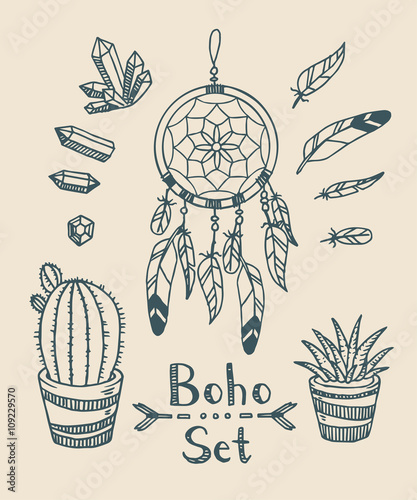 Boho tribal vector set with plants, dream catcher, feathers and gem stones. Gypsy spirit. In a doodle hand-drawn style.