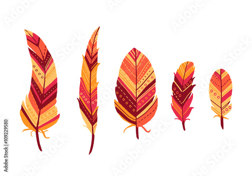 Vector illustration. Icon set of boho tribal abstract feathers in red tones on white background. Great for your design.