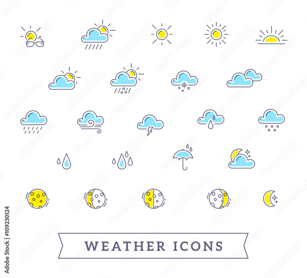 Vector illustration of yellow and blue weather theme icon set on