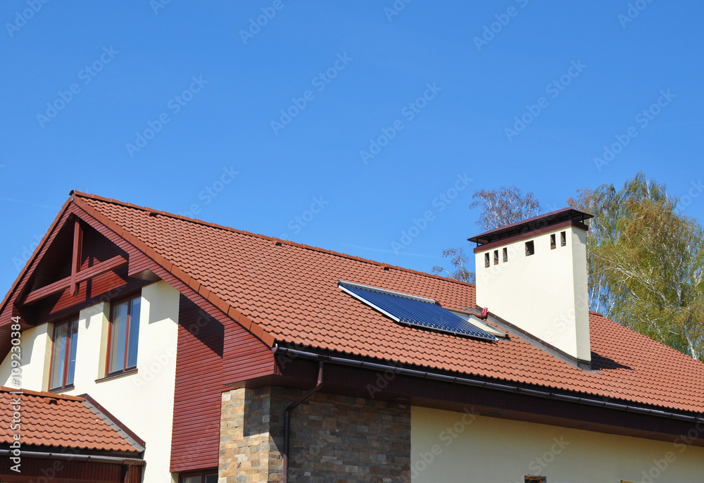 Cozy house Roofing with Vacuum Solar Water Panel Heating, Solar Panels, Skylights Outdoor.