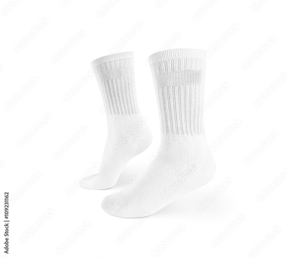 Blank white socks design mockup, isolated, clipping path. Pair sport crew  cotton socks wear mock up. Long clear soft sock stand presentation. Men  basketball, football, tennis plain socks template. foto de Stock