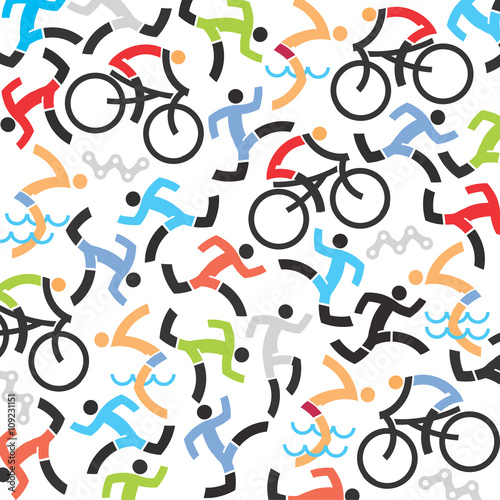 Triathlon icons background.
Background with icons of triathlon athletes, swimmers, cyclists, runner. Vector available.
