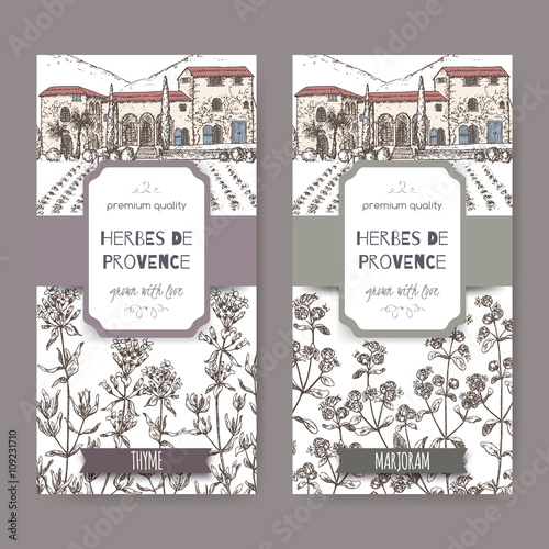 Two Herbes de Provence labels with mansion, thyme and marjoram