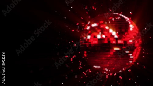 Abstract looped animated background: spinning dark-red glow disco ball composed of cubes-crystals with shinny streaks of light and shards of crystals rotating around and reflecting rays