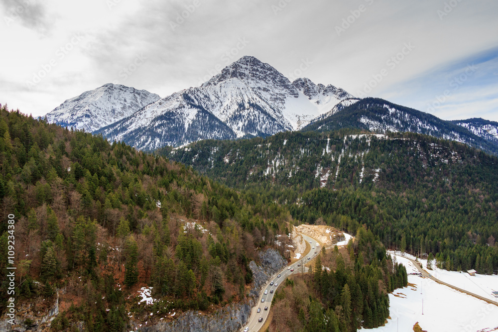 Landscape view of Alps from Highline 179 bridge. Reutte, Tyrol, Austria.