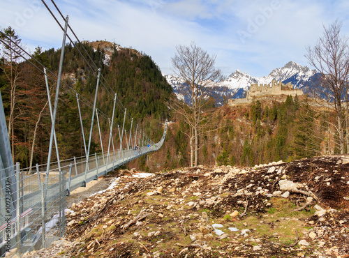 The pedestrian suspension bridge called Highline 179 in Reutte, Austria. Bring together the Ehrenberg Ruins and Fort Claudia. Height of the bridge 114 metres photo