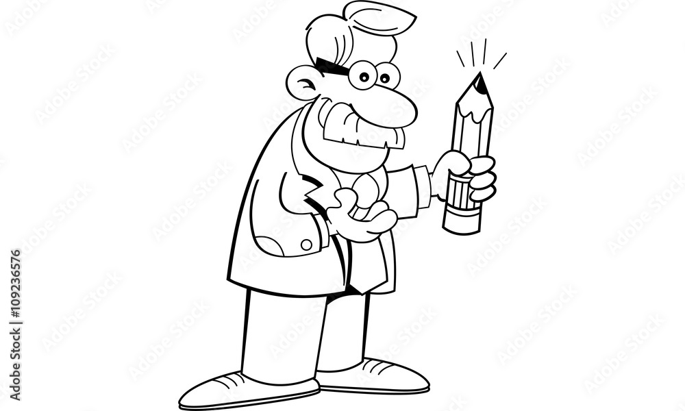 Black and white illustration of a man holding a pencil