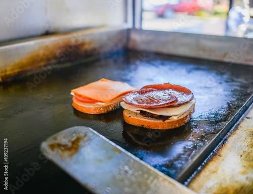 Pork roll sandwich cooking on catering van griddle photo