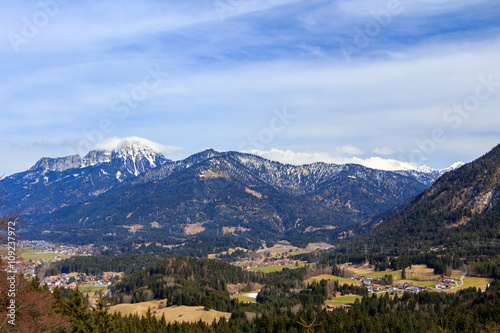 Landscape view to town Reutte in Austria with alps in the background. Tyrol, Austria.