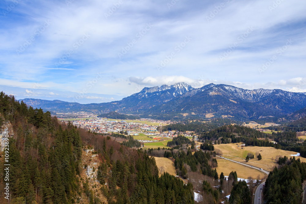 Landscape view to town Reutte in Austria with alps in the background. Tyrol, Austria.