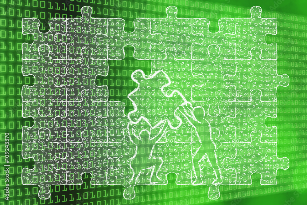 men lifting piece of puzzle with messy binary code to fill a gap men lifting piece of puzzle with messy binary code to fill a gap
