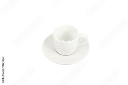 Empty cup with saucer on a white background.