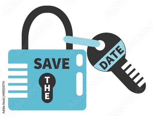 Padlock and key with words SAVE THE DATE. Typographic design element