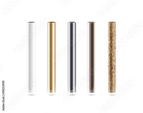 Metal pipes set isoalted on white. Shiny metallic cylinder pipe, silver, grey, golden, chrome, steel, rusty. Gold pole design. Glossy color stick gradient graphic design. Rust column tube with hole. photo