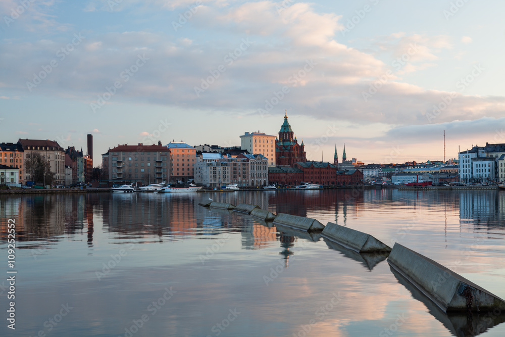 Helsinki. Yacht Marina and Uspenski Cathedral Cityscape.