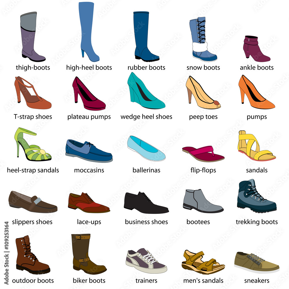 Footwear, names. Men's and women's footwear. Color footwear set, realistic  footwear. Footwear with names. Boots, shoes, sandals, sport footwear.  Footwear color icons with names. Stock Vector | Adobe Stock
