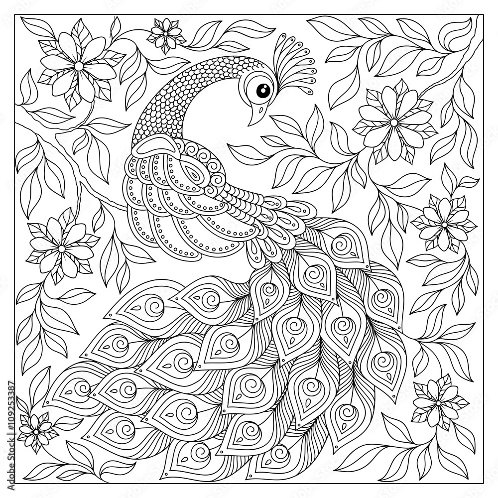 Obraz premium Vintage hand drawn pattern black and white doodle peacock.