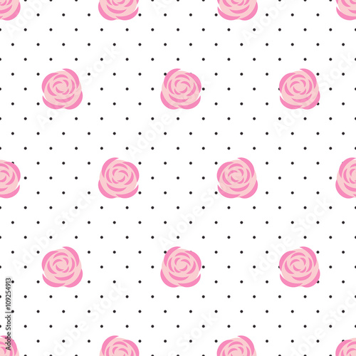 Seamless wallpaper pink roses on polka dots background. Floral seamless pattern. Design for fabric and decor. Vector decorative illustration.