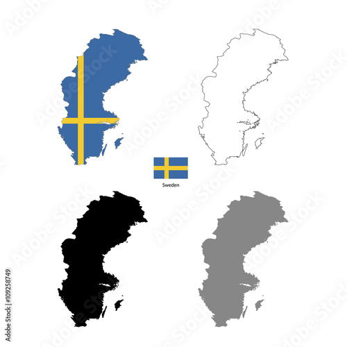 Sweden country black silhouette and with flag on background