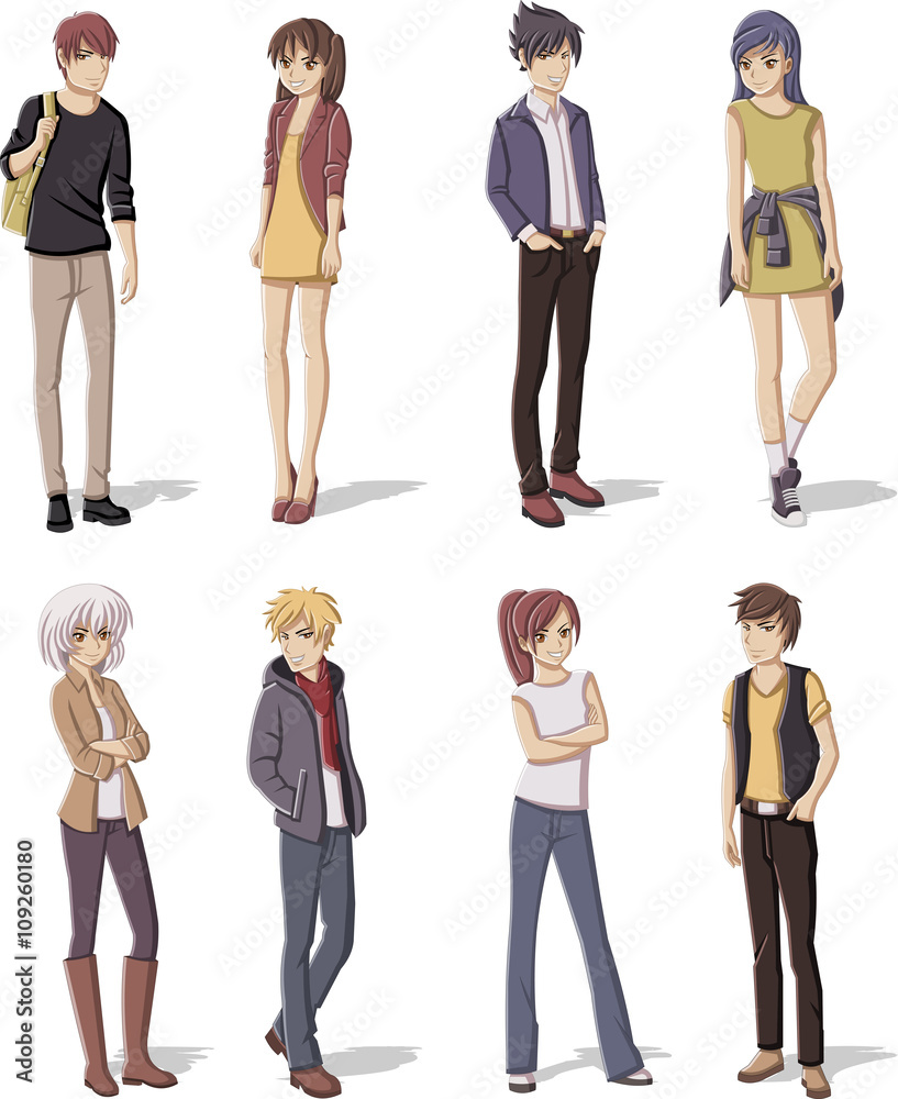 Φωτογραφία Group of cartoon young people. Manga anime teenagers.
