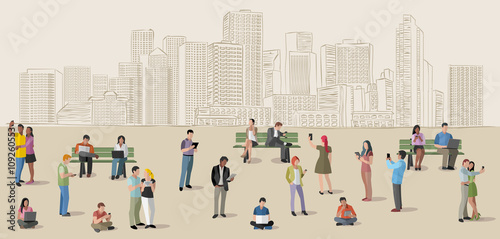 Business people in the city with smart phones and computers
