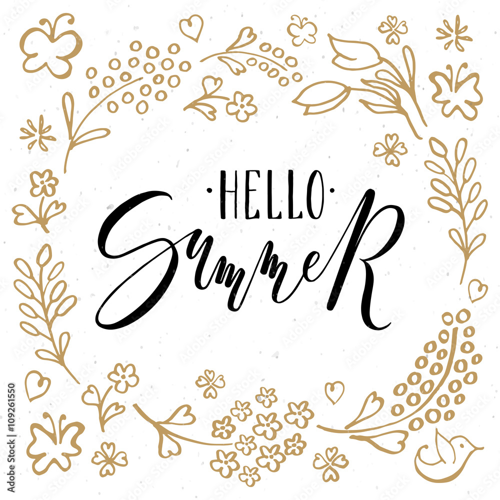 Hand sketched Hello Summer text as logotype, badge and icon. Hello Summer postcard, card, invitation, flyer, banner template. Hello Summer lettering typography. Season's Greetings