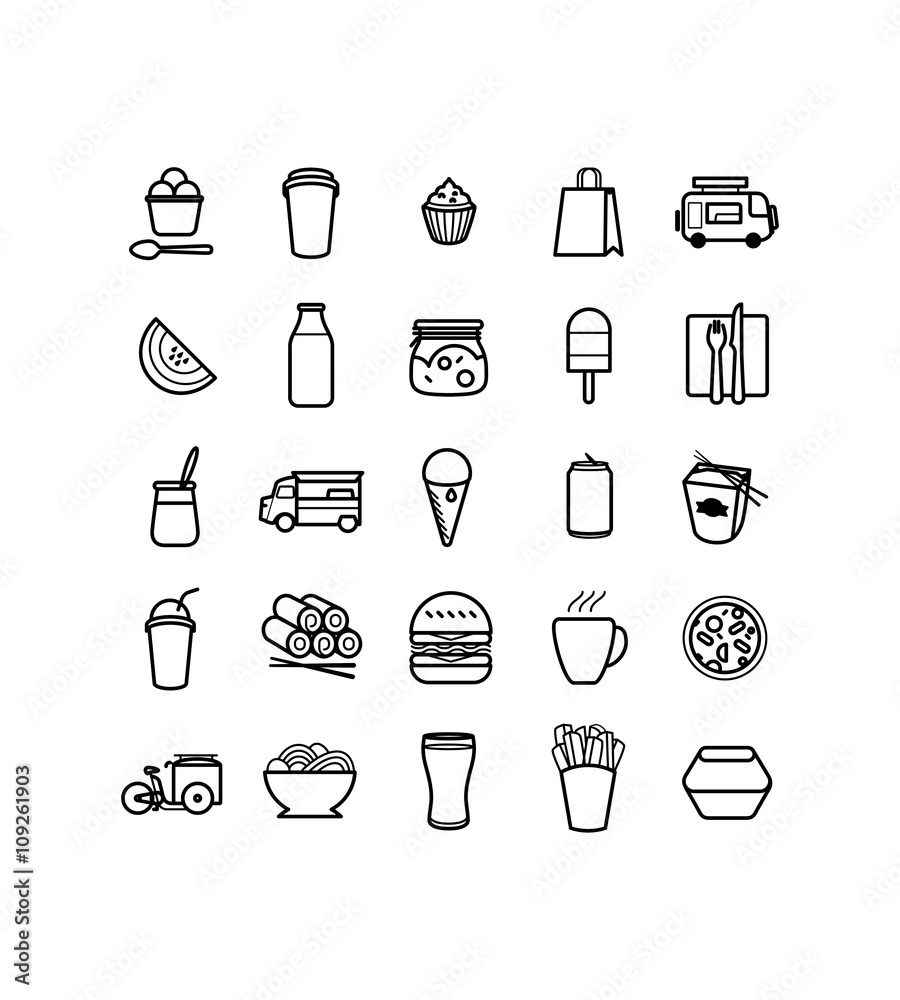 Cuisine, Cuisiner, Ustensiles, Nourriture, Manger, Restaurant, pictos, Vectoriel, Food truck, Restauration, Dessin