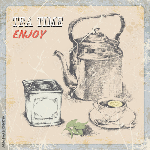 hand drawing of box of tea,of  kettle cup of tea, tea leaves,lemon .vector illustration