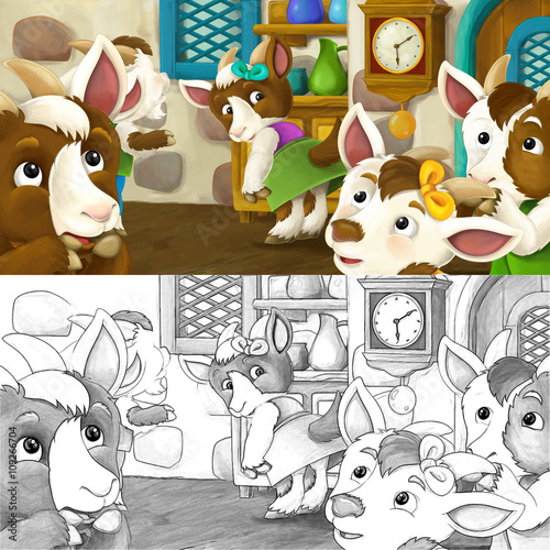Fototapeta Cartoon scene for different fairy tales - goats in the room - with coloring page - illustration for the children