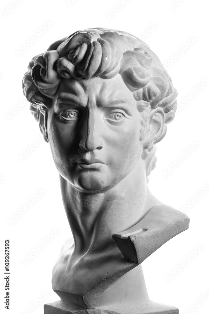 gypsum head of Michelangelo's David isolated over a white background