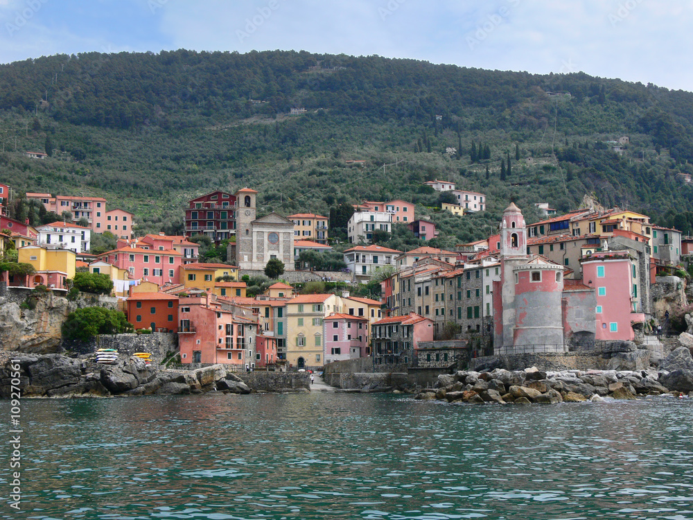 Tellaro small old village of the Gulf of Poets seen from the sea  ,La Spezia, Liguria, Italy
