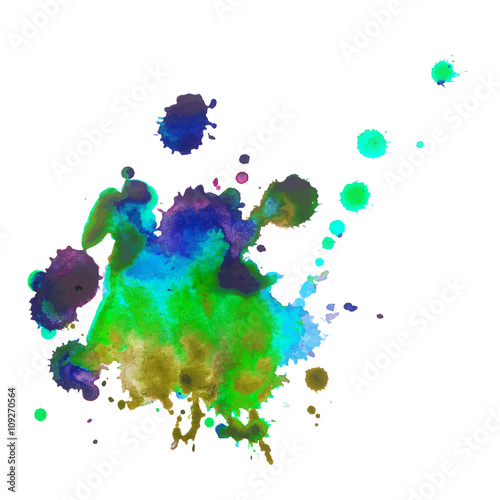 expressive watercolor spot blotch with splashes green yellow blue violet mix color. 