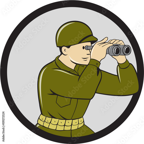 World War Two American Soldier Binoculars Circle Cartoon
