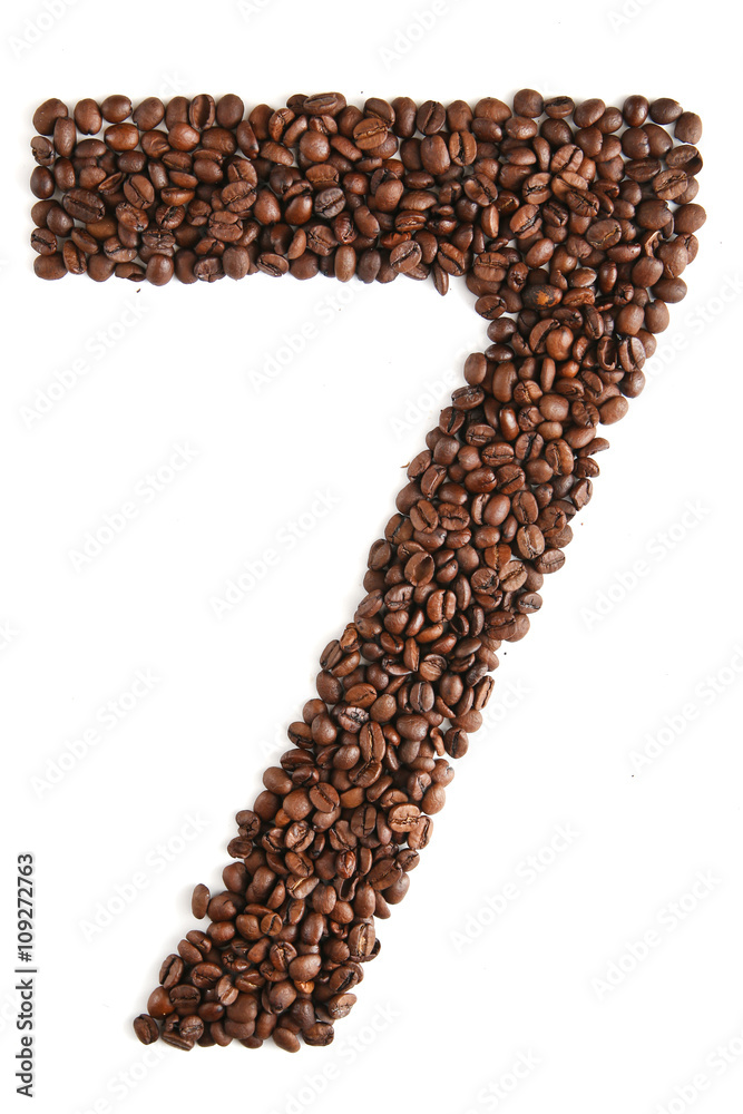 Number 7 from coffee beans isolated on white background Number 7 from coffee beans isolated on white background