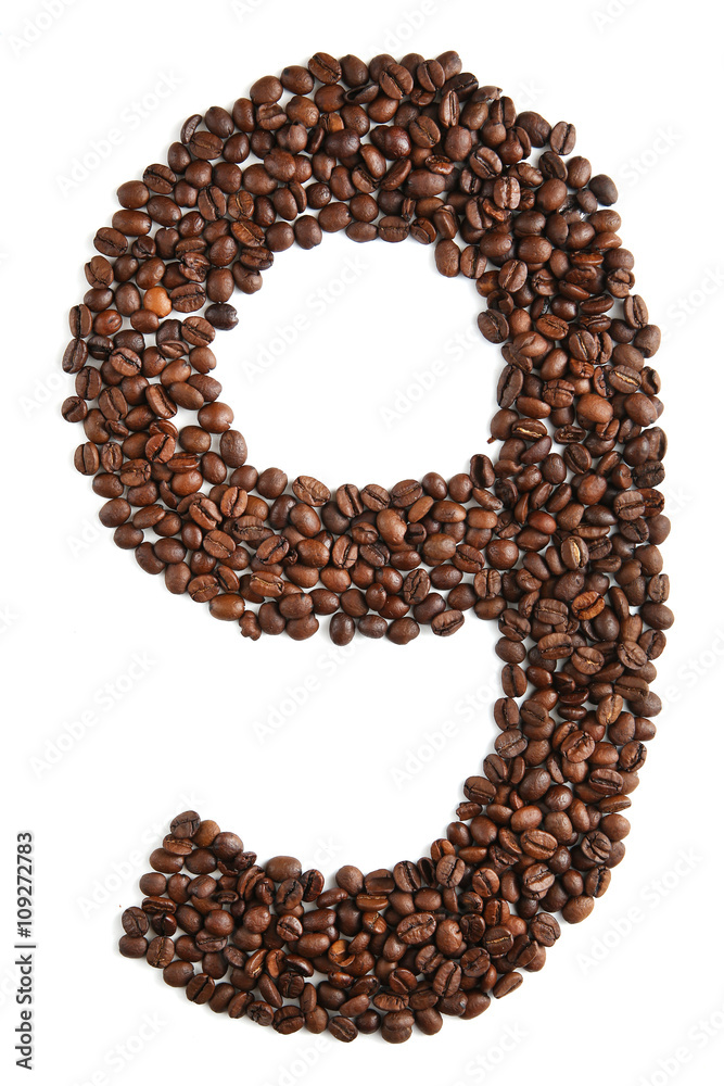 Number 9 from coffee beans isolated on white background Number 9 from coffee beans isolated on white background