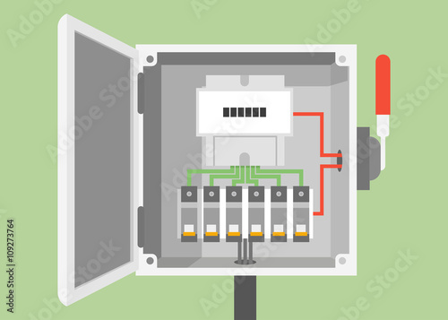 Breakers switch vector flat, fuse vector, electric box, circuit breakers, electrical panel, switch with wires, electric meter in box