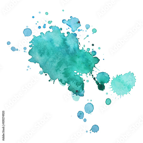 expressive watercolor spot blotch with splashes green blue color. 