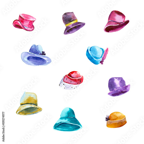 Watercolor painting. Set of women's hats on white background.