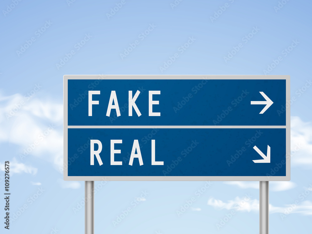 3d illustration road sign with fake and real 3d illustration road sign with fake and real
