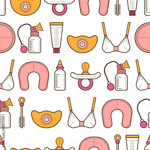 Breastfeeding. Seamless pattern, background with colored flat icons. Motherhood. Vector 