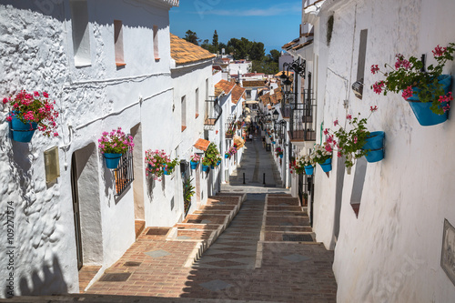 Obraz na plátně Street with flowers in the Mijas town, Spain