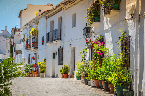 Street with flowers in the Mijas town, Spain