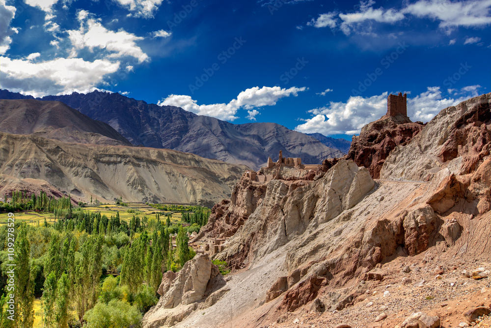 Ruins and Basgo Monastery surrounded with stones and rocks , Ladakh