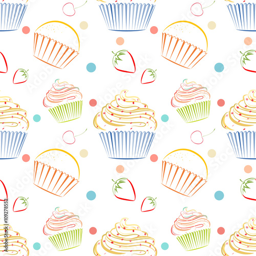 Cupcakes food pattern. Seamless vector background with muffins