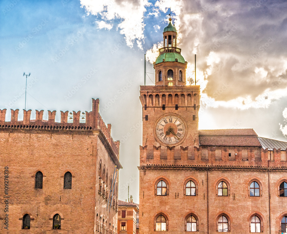 Clock tower of the town hall in Bologna in Italy