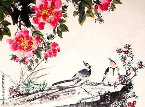 chinese ink painting bird and tree
