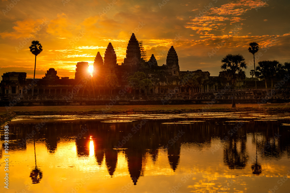 Reflection of Ankor Wat at dawn, Cambodia