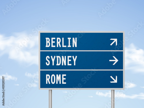 3d illustration road sign with berlin rome and sydney