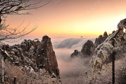Beautiful morning landscape of Huangshan mountain at first snow, Southern Anhui province, China