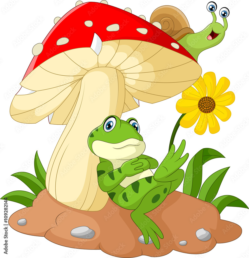 Fototapeta premium Cute frog and snail cartoon with mushrooms 
